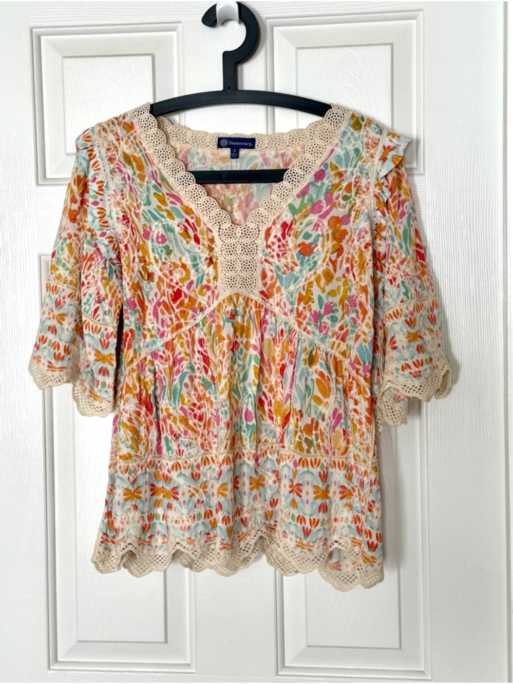 Democracy Floral Crochet-Trim Peasant Blouse in Pastel Multi - Picture 2 of 13